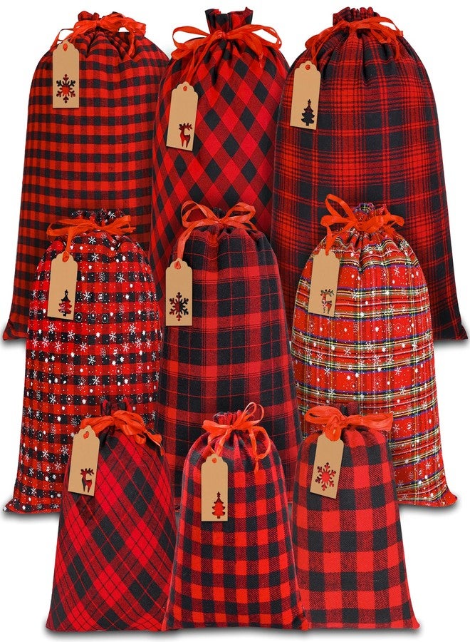 YUJUN 9PCS Christmas Drawstring Bags Cotton Buffalo Plaid Bags Sacks Xmas Red Black Wrapping Storage Bags with Kraft Tags for Christmas Candy Goodie Holiday party Favors(3 Sizes) - Image 1